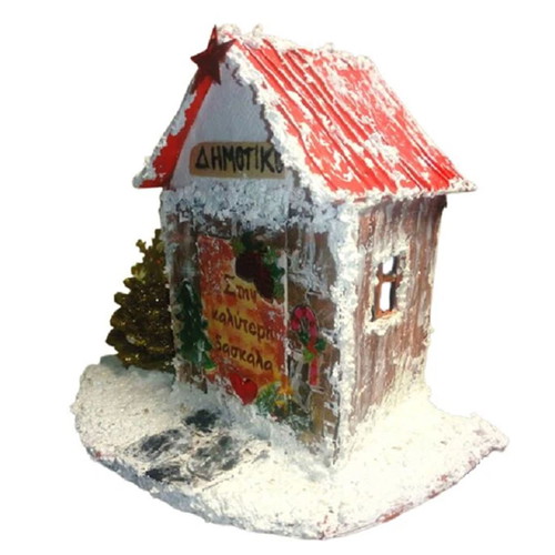 Christmas handmade wooden tabletop decoration with snowy school