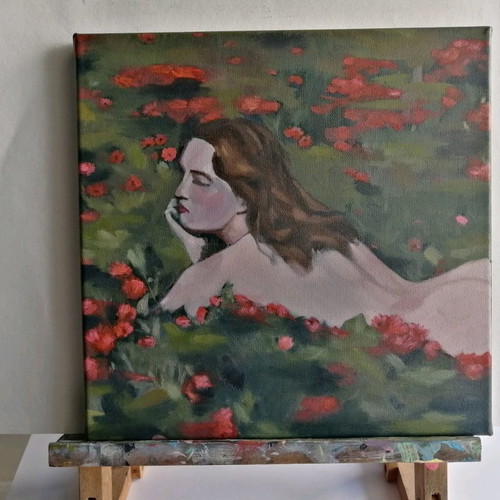 Original oil painting nude woman with flowers new, on stretched canvas 30x30cm