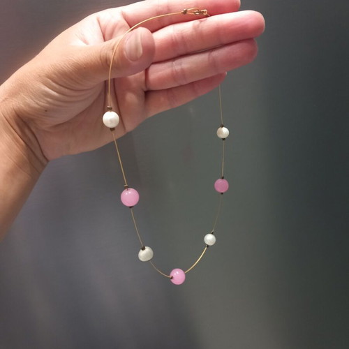 Necklace and bracelet set with pink and white beads like new, handmade