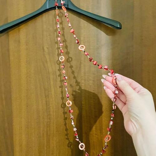 Long necklace like new with red and coral beads