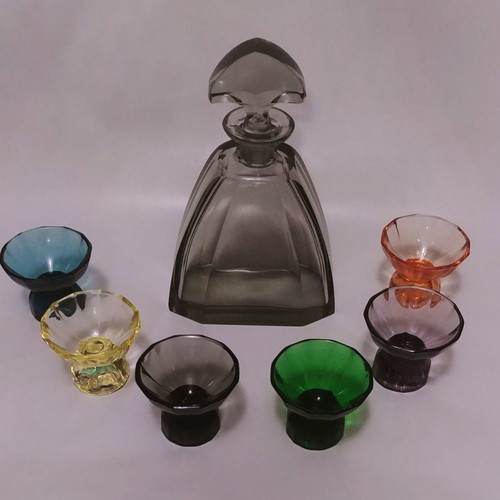 Art Deco Josephinenhutte liqueur set 1925, 1 decanter and 6 glasses
