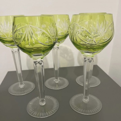 Vintage cut to clear crystal glasses set of 5, lime green