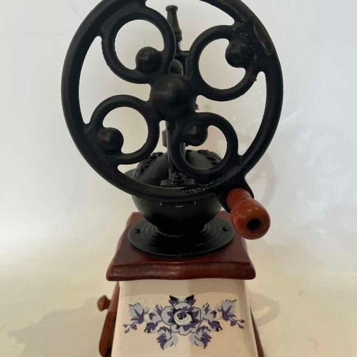 Vintage manual coffee grinder used, porcelain, wood base, cast iron