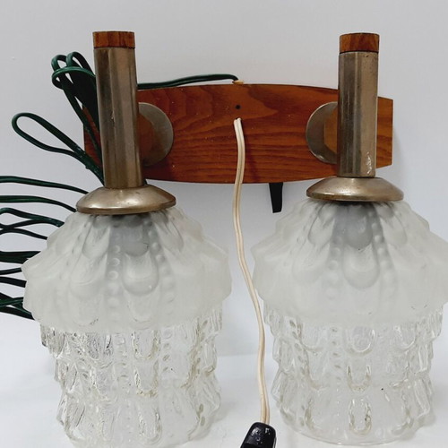 Double wall lamp Kolarov 1960s like new, wood and crystal