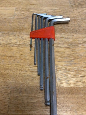 Allen key set used, 6 pieces, metal with storage holder