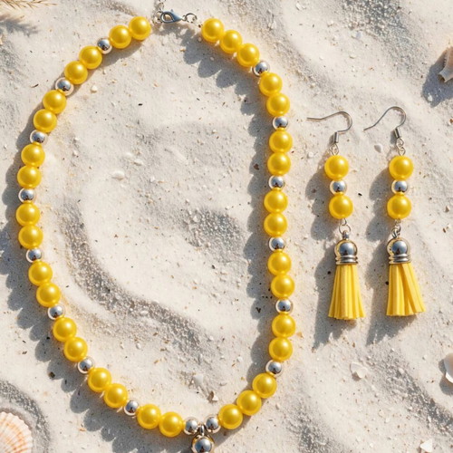 Handmade yellow beaded summer necklace and earrings set new