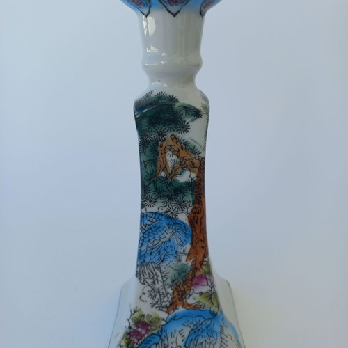 Vintage porcelain Chinese candlestick like new with hand-painted cranes