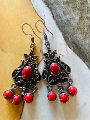 Boho earrings with red stones, new, stainless steel