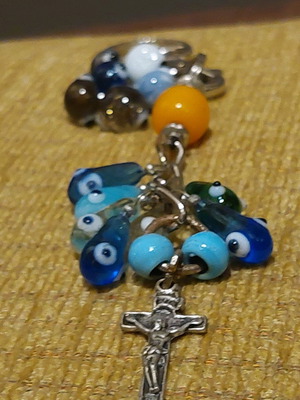 Vintage keychain with silver cross and colorful eye beads like new
