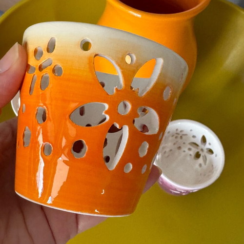 Orange vase 29 cm like new with 3 small matching candle holders gift
