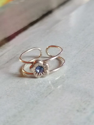 925 Silver Toe Ring with Flower and Blue Strass, New