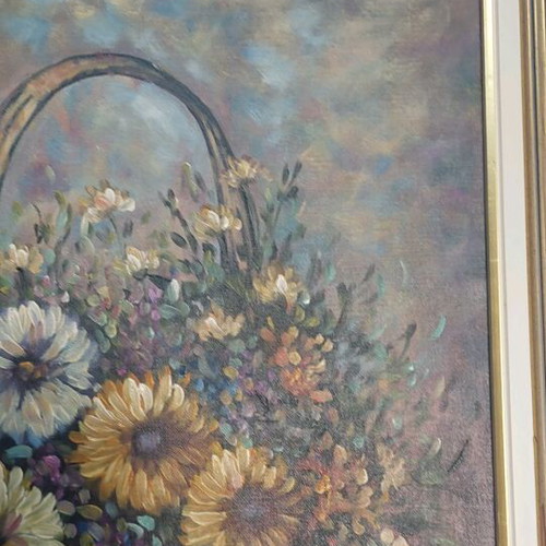 Vintage oil painting on canvas used, still life with flowers and frame