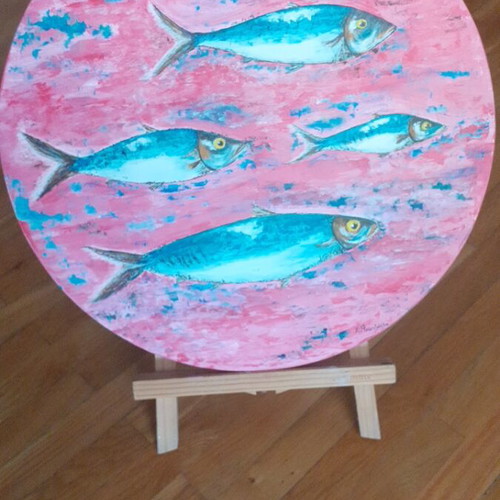 Handmade painting on driftwood new, 38 cm diameter
