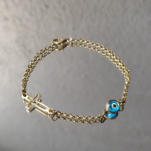 Silver bracelet with evil eye and cross used, 925 silver, 17.5 cm