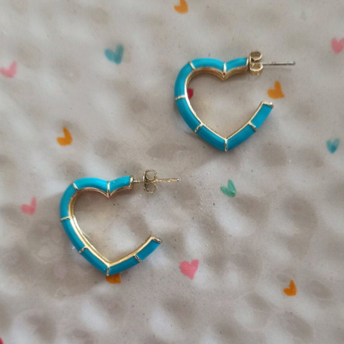 Heart-shaped steel earrings in turquoise and gold color, like new