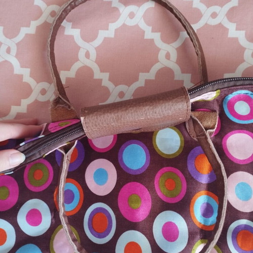 Brown handbag with colorful patterns used, medium size