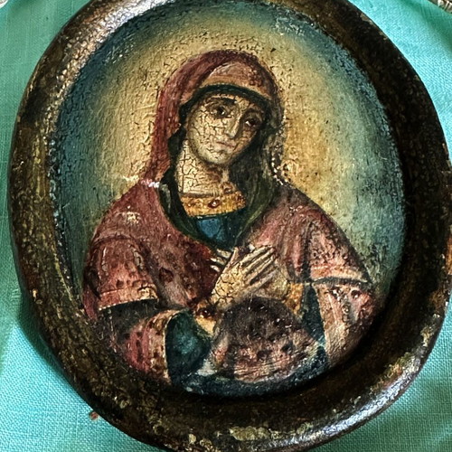 Antique Russian Orthodox Virgin Mary icon in handmade wedding frame, 1890s