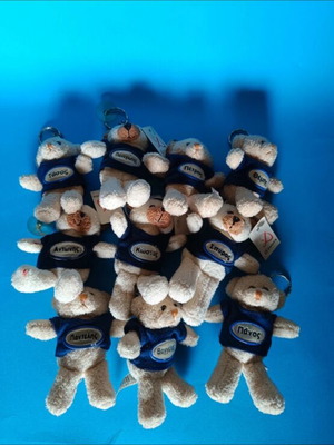 Teddy bear keychain new, beige and blue with names