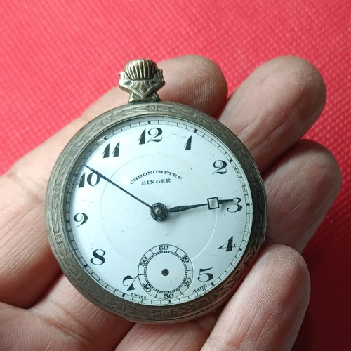 Singer Chronometre Silver Swiss Pocket Watch used, 1930s