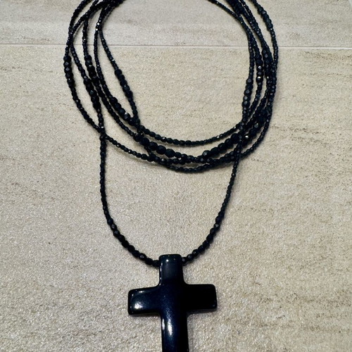 Vintage necklace cross made of obsidian like new, 1.5 m length