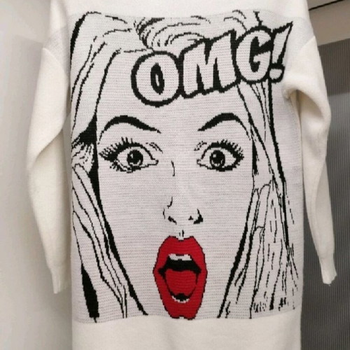 OMG sweater like new, white with print and open neckline