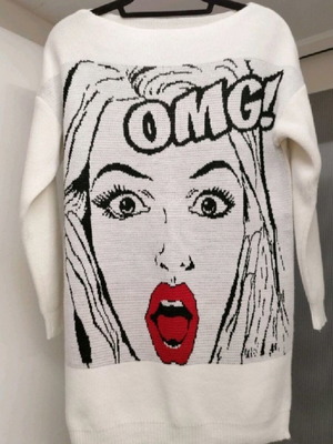 OMG sweater like new, white with print and open neckline