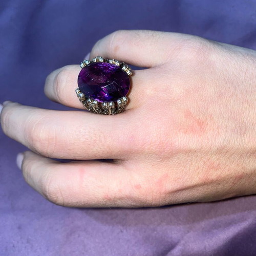 Silver ring with 9K gold plating and amethyst stone like new