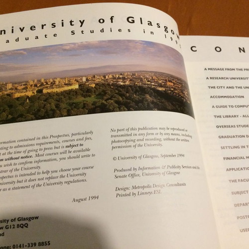 University of Glasgow Postgraduate Prospectus 1995 used, missing part of a page