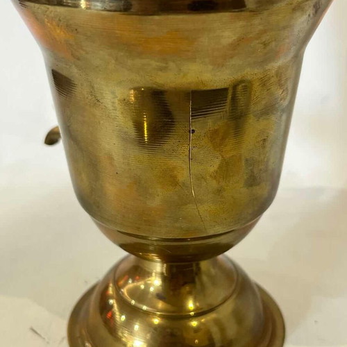 Vintage brass amphora with tap and lid, rustic decoration