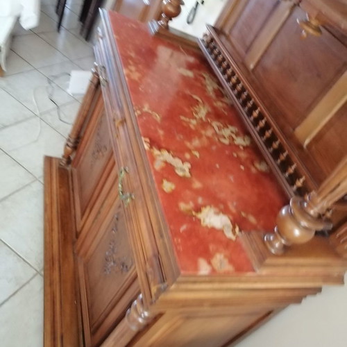French antique cabinet used, solid carved walnut with marble