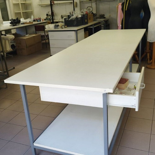 Workbenches used, double with melamine, one with triple drawers, one with single drawer