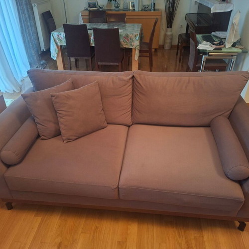 Factory Sofa 3-seater sofa, dark beige fabric, walnut wood finish