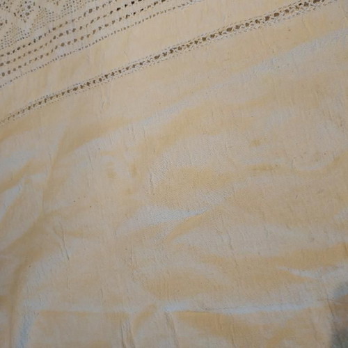 Handmade white cotton tablecloth with crocheted lace unused