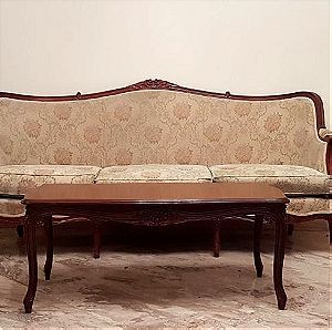 Χειροποίητο σετ σαλονιού Louis Quinze - 3θέσιος καναπές, 2 πολυθρόνες, κεντρικό τραπεζάκι