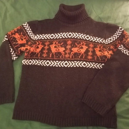 Turtleneck sweater used, black with orange deer, small size