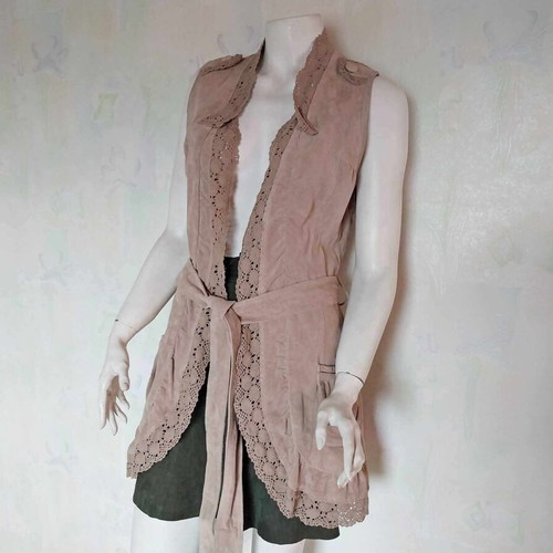Vintage French long women's leather vest with lace and belt used