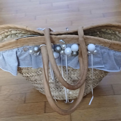 Handmade straw beach bag with decorative details, like new, beige