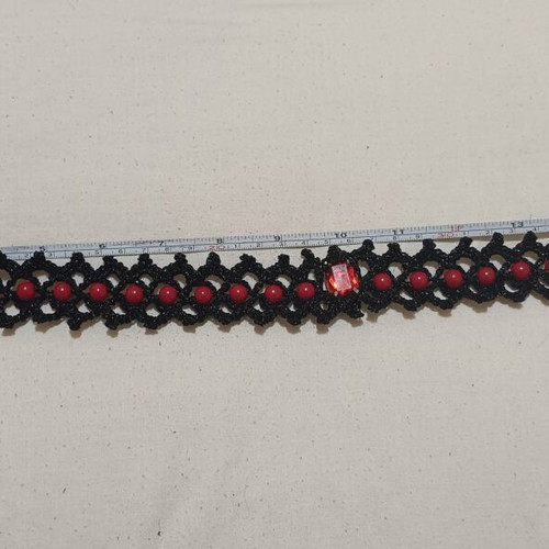 Gothic Choker Handmade Black Crochet with Red Beads and Crystal