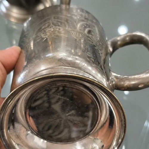 Silver-Plated Vintage Wine Cups set of 4 used, ornate floral engraving