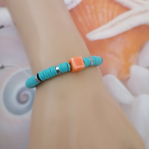 Women's summer bracelet with blue fimo discs, hematite and orange ceramic stone new