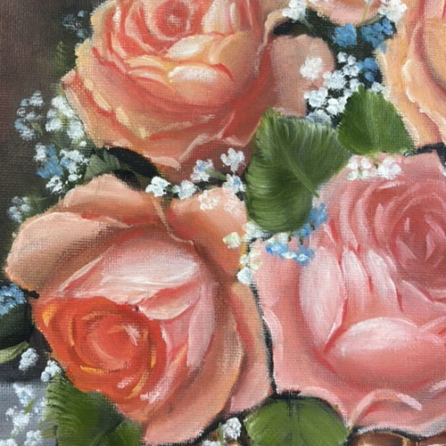 Handmade oil painting with roses on canvas