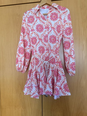 Shein printed mini dress with long sleeves, pink and beige