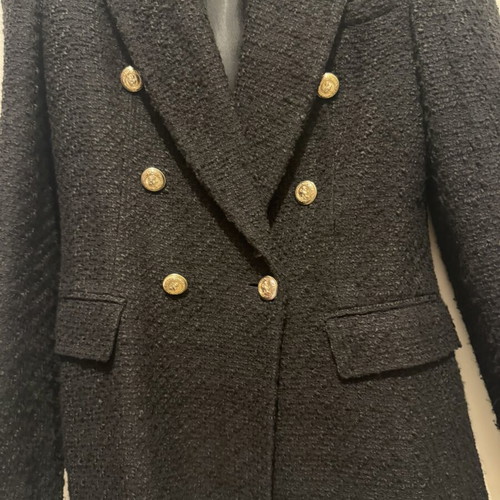 Zara tweed double-breasted blazer black with gold buttons like new