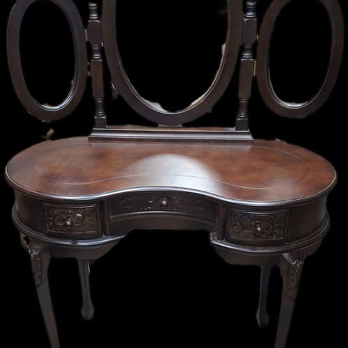 Antique dressing table in dark walnut with side rotating mirrors like new