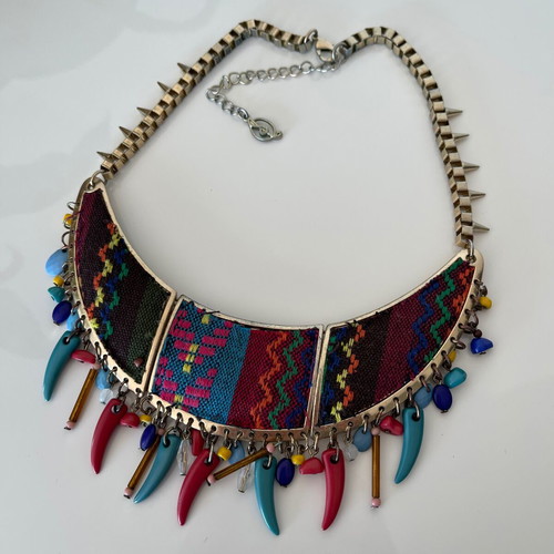 Boho Ethnic Statement Collar Necklace with Woven Fabric and Beads