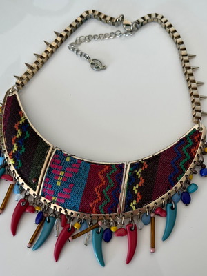 Boho Ethnic Statement Collar Necklace with Woven Fabric and Beads