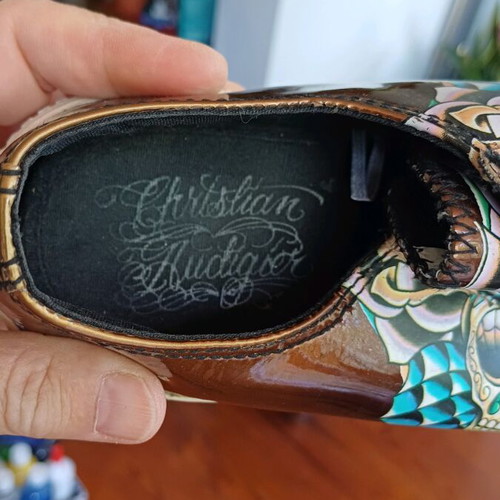 Cristian Audigier sneakers like new, brown patent leather with skull and rhinestones