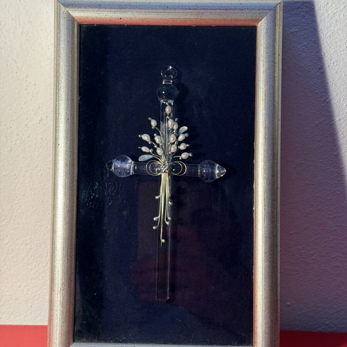 Framed cross with crystal and pearls used