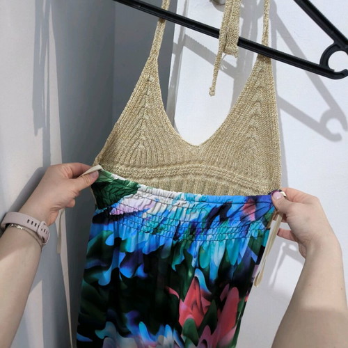 Summer dress like new, handmade, multicolor with gold bust, size S