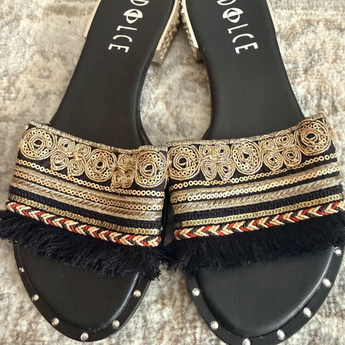 Dolce slippers new with ornate gold heel and unique details